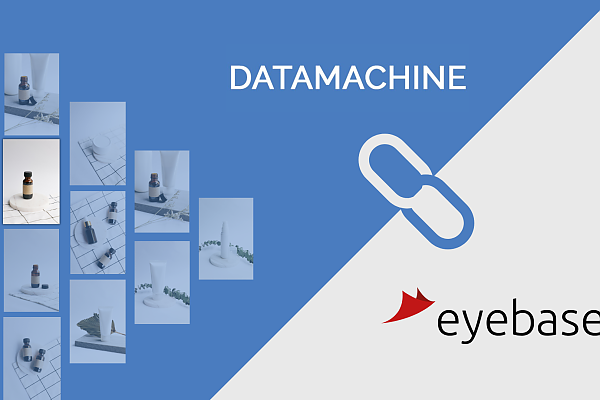 Cosmetic product collage on blue and grey background with "DATAMACHINE" and "eyebase" logos.